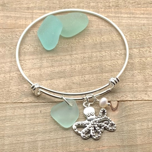 Hand Crafted Jewelry - Sea Glass And Pearl Octopus Charm Bracelet| Genuine Seaglass Summer Jewelry